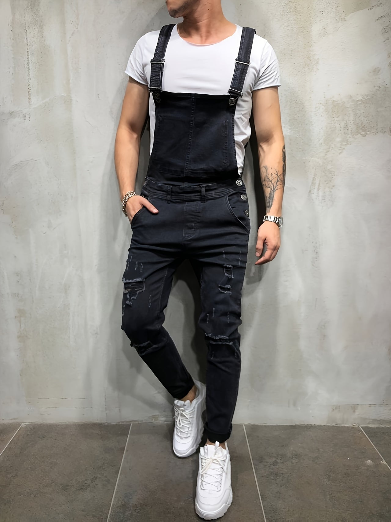 Men's Trendy Ripped Slim Fit Fashion Denim Suspender Bib Overalls, Men's Fashion Cargo Jumpsuit With Pockets For Outdoor - Update Avenue