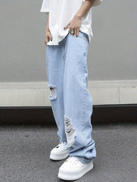 Thumbnail for Men's Loose Fit Wide Leg Ripped Jeans, Men's Stylish Comfy Denim Pants, Street Style Fashion - Update Avenue