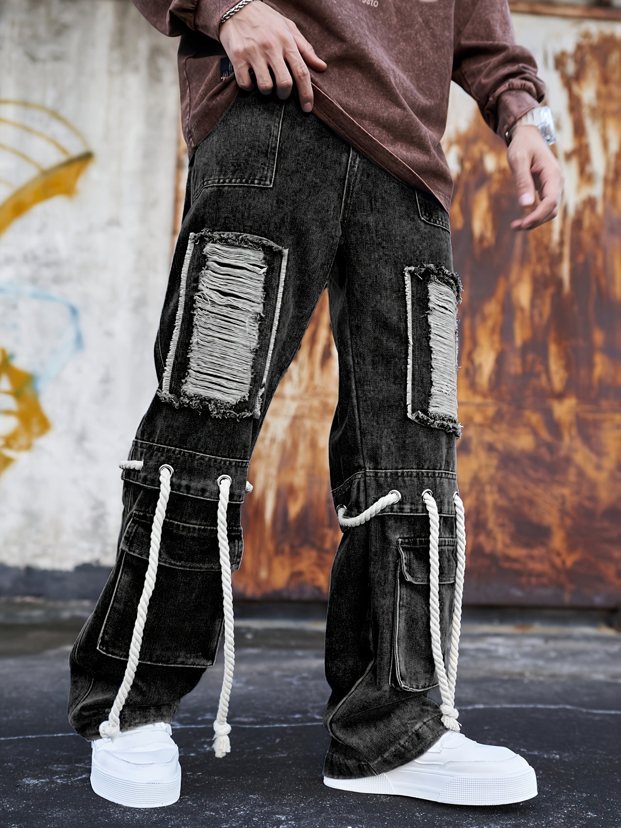 Men's Straight Leg Distressed Ripped Jeans, Fashion Denim Pants With Pockets For Men, Street Style Fashion, Outdoor Cloth - Update Avenue