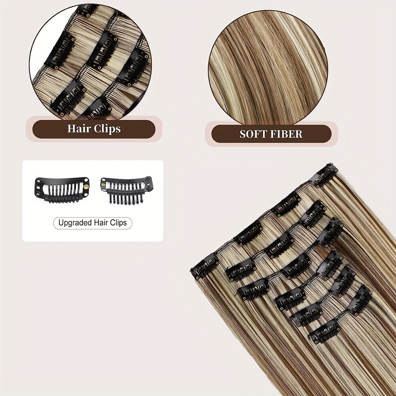 Clip In Hair Extensions, Hair Extensions Thick Long Lace Weft Lightweight Synthetic Hairpieces For Women Chocolate Brown With Golden Blonde Highlights Hair Clips Hair Accessories Halloween Christmas - Update Avenue