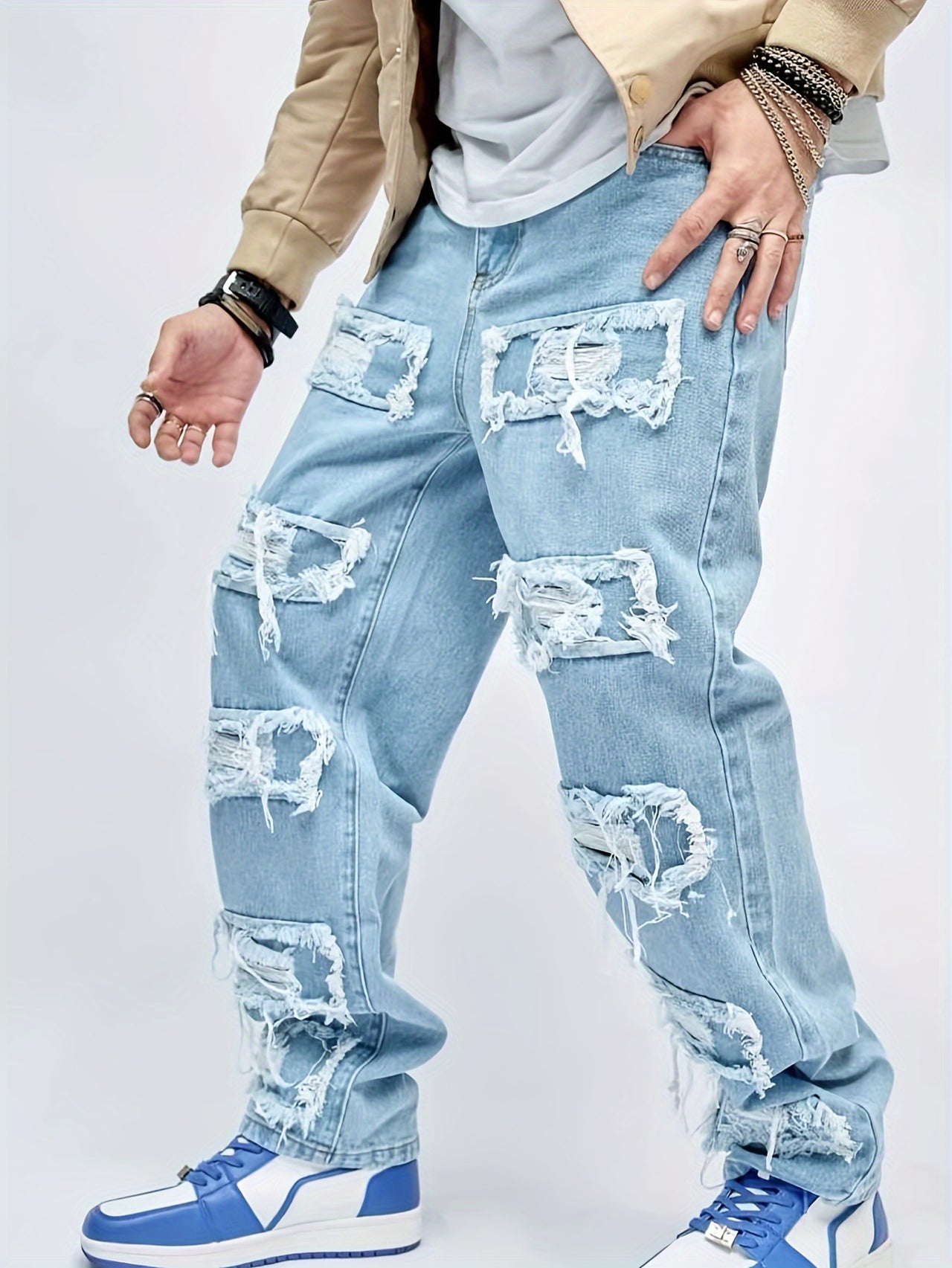 Men's Loose Fit Wide Leg Ripped Jeans, Men's Stylish Comfy Denim Pants, Street Style Fashion - Update Avenue