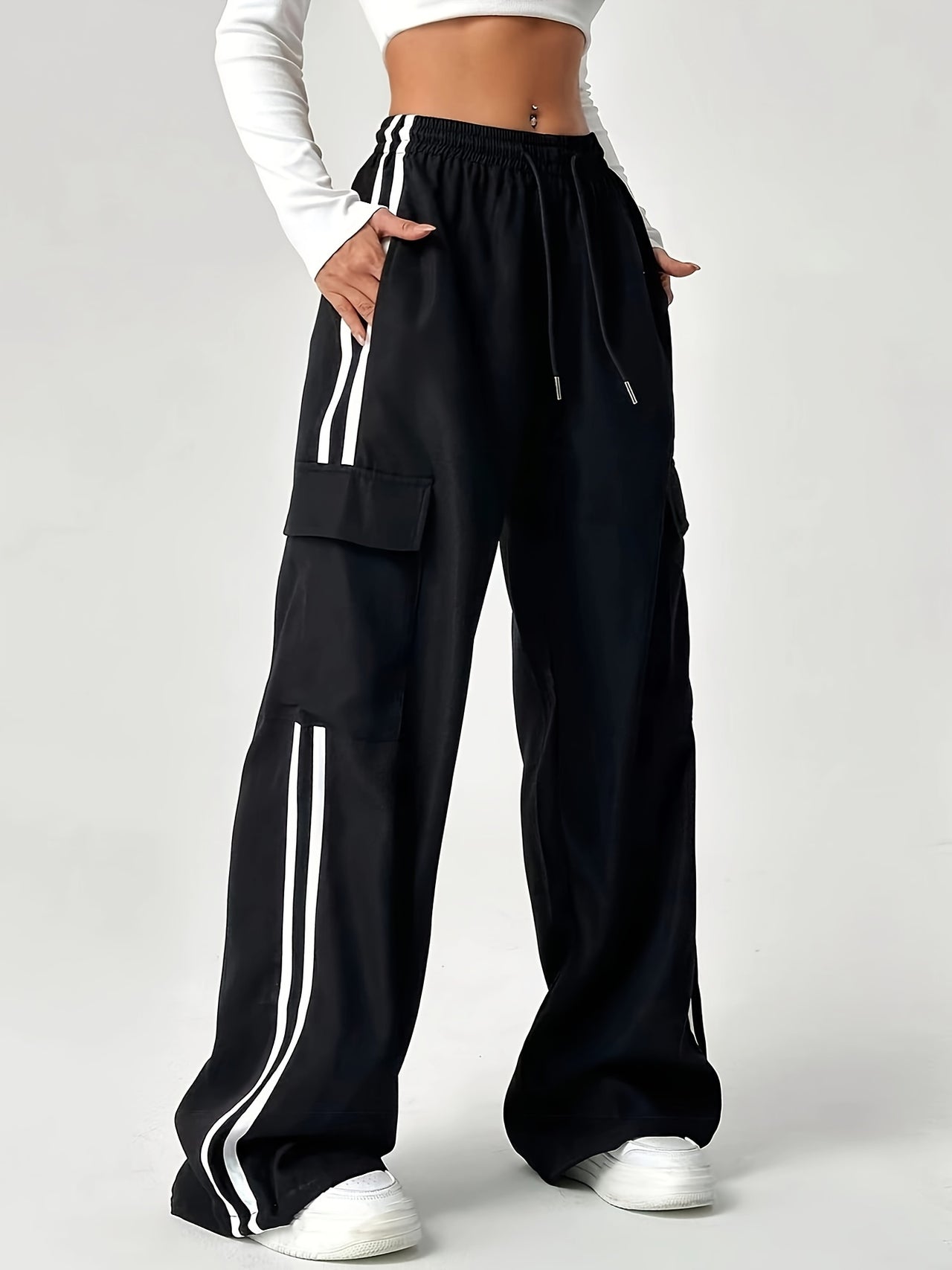 Flap Pockets Striped Wide Leg Pants, Y2K Drawstring High Waist Loose Pants For Spring & Summer, Women's Clothing - Update Avenue