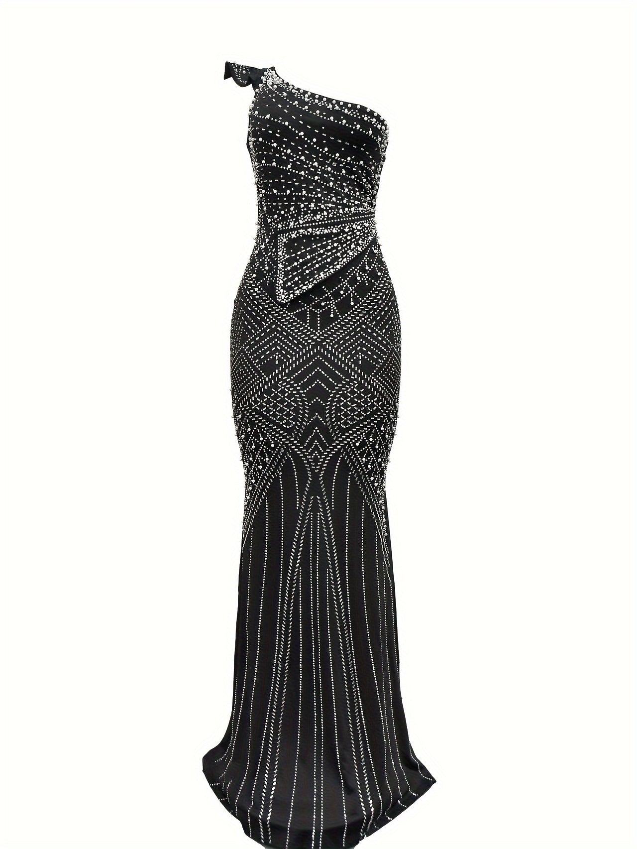 Rhinestone One Shoulder Bodycon Dress, Elegant Sleeveless Floor Length Dress For Party & Banquet, Women's Clothing