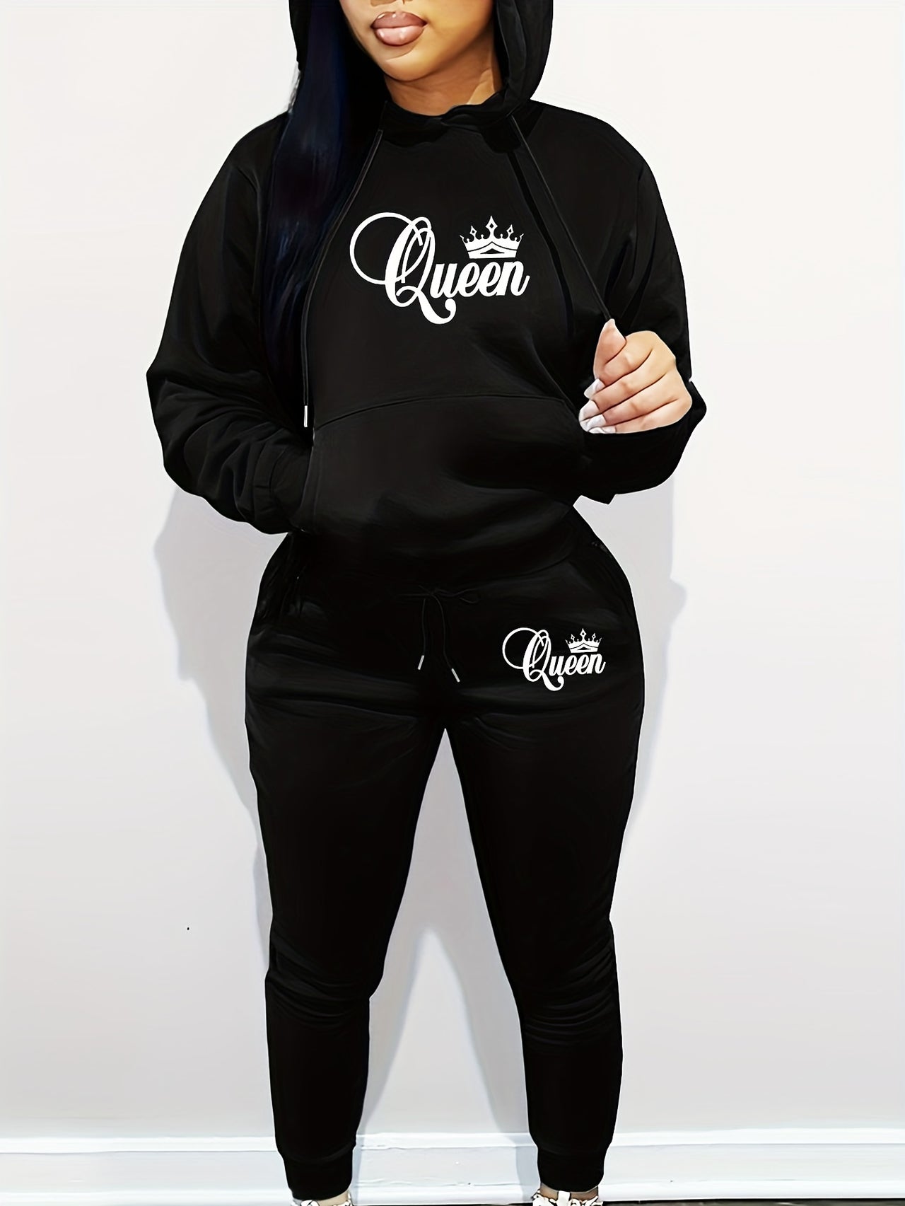 Women's Casual Hoodie and Pants Set with "Queen" Letter Print, Long Sleeve, Knit Fabric, Hooded, Pocket Detail, Polyester, Regular Fit, Autumn/Winter Collection