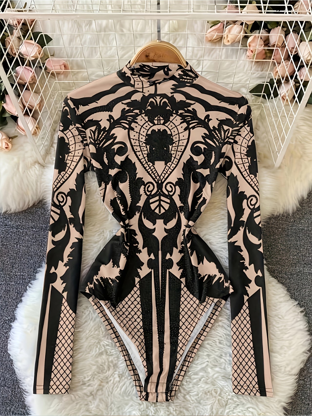 Vintage-Inspired Geometric Print Mock Neck Bodysuit for Women - Long Sleeve, Stretch Fit, Machine Washable - Update Avenue