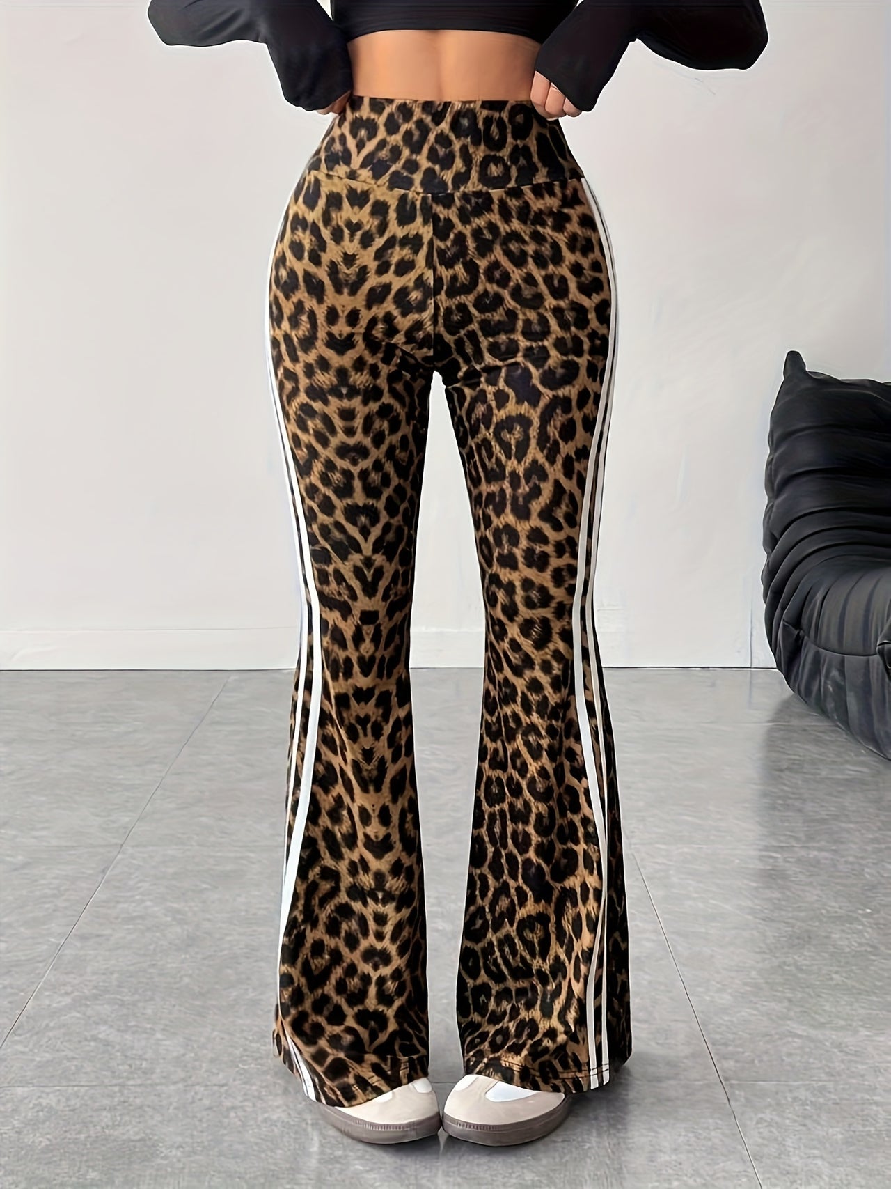 Women's High-Waist Flare Pants with Elastic Waistband - Casual Leopard Print & Striped, Stretchy Polyester, Machine Washable, Non-See-Through, All-Season Comfort Fit - Update Avenue