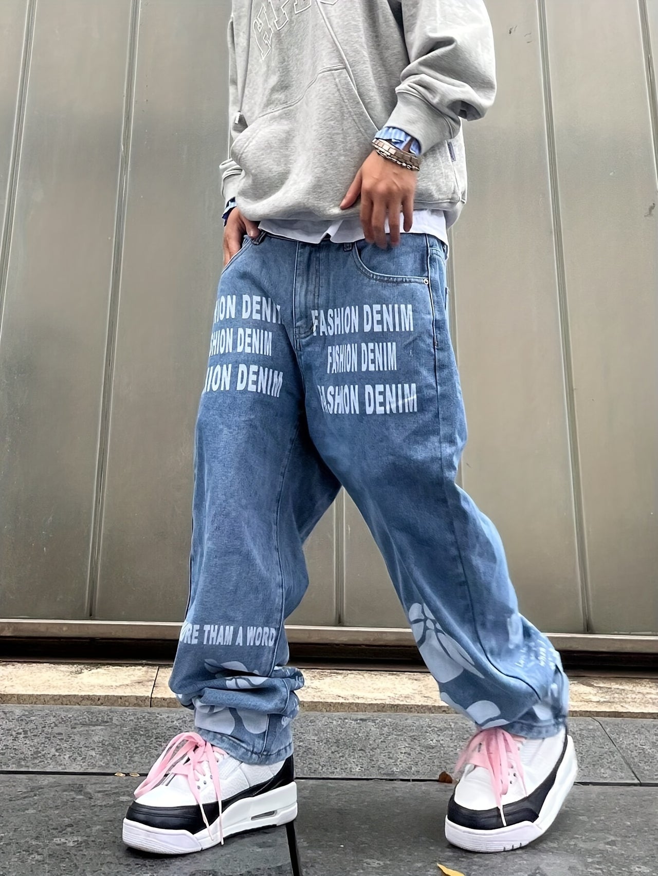 Men's Loose Letters Print Denim Trousers With Pockets, Causal Breathable Cotton Blend Jeans For Streetwear Outdoor Activities - Update Avenue