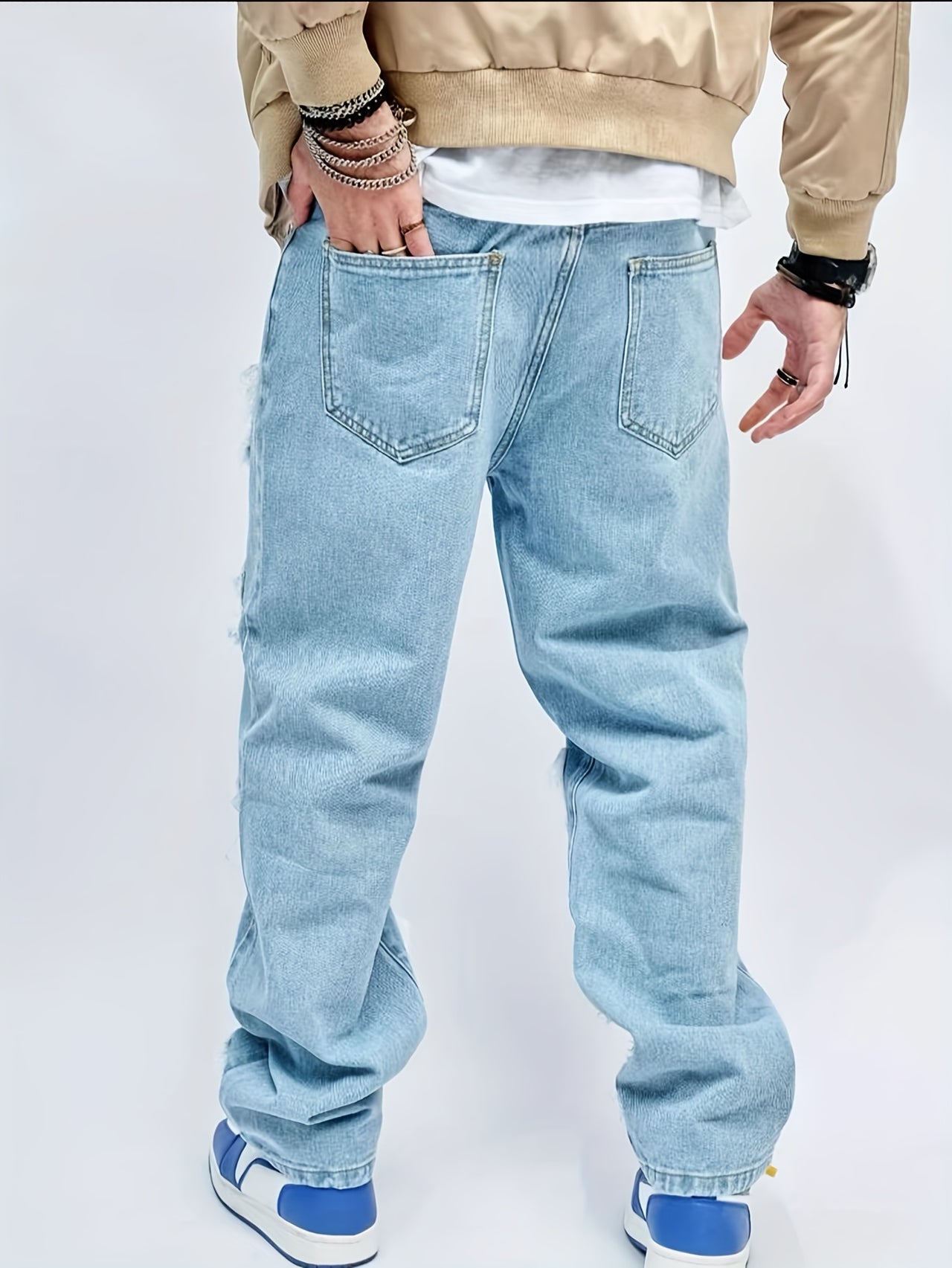 Men's Loose Fit Wide Leg Ripped Jeans, Men's Stylish Comfy Denim Pants, Street Style Fashion - Update Avenue