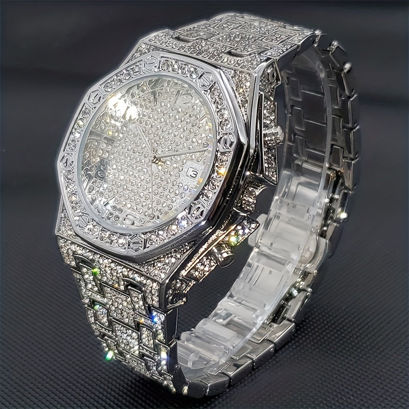 Golden Watch For Men, With Faux Diamond, Big Wrist Quartz Watches With Calendar, Bussiness Hip Hop Large Watch For Men, Ideal choice for Gifts