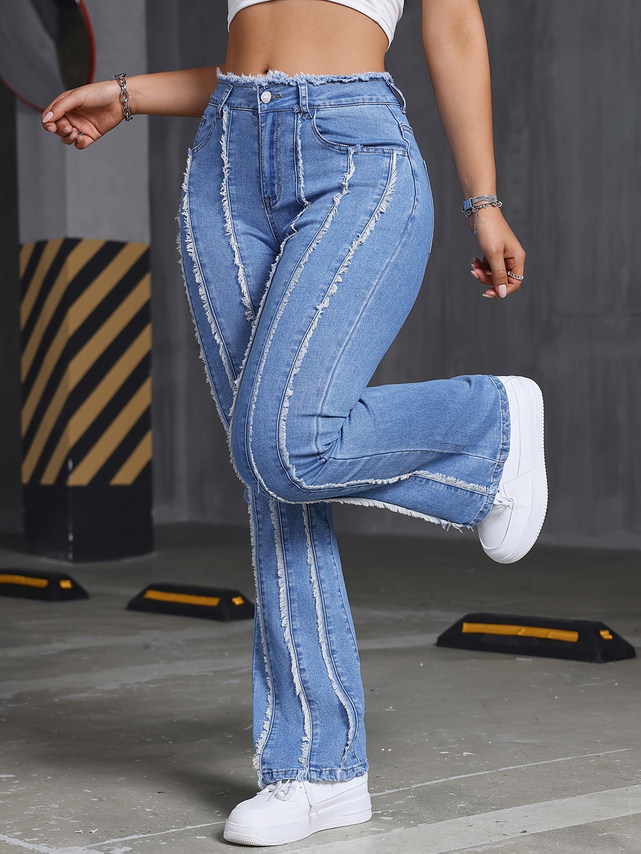 Striped Raw Trim Plain Washed Blue Sexy Slim Fit Jeans, Women's Denim Jeans & Clothing