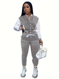 Thumbnail for Casual Two-piece Set, Button Front Bomber Jacket & Drawstring Pants Outfits, Women's Clothing