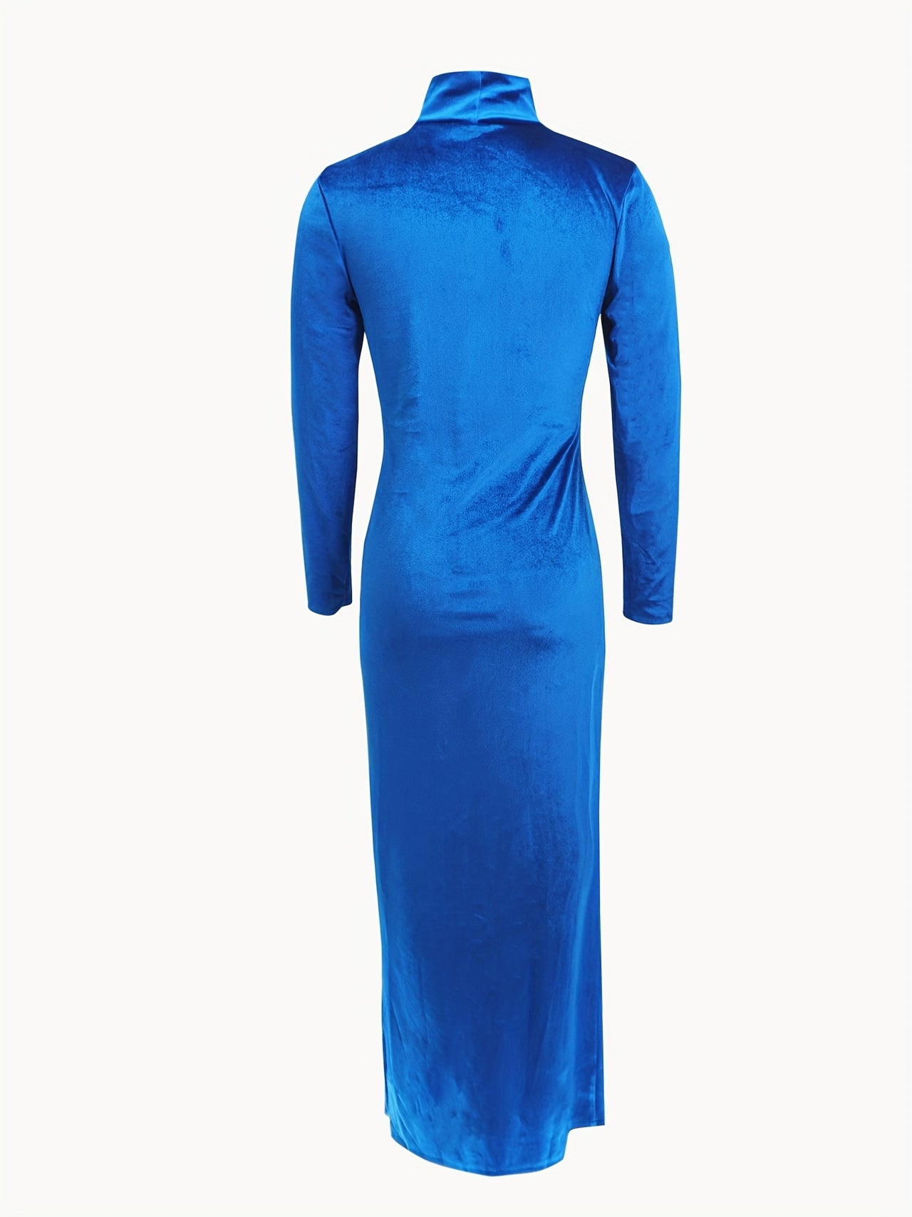 1pc Elegant Velvet High Slit Midi Dress for Women - Long Sleeve, Turtleneck, Pleated, Solid Color, Polyester Knit Fabric, H-Line Silhouette, No Padding, for Weddings and Parties