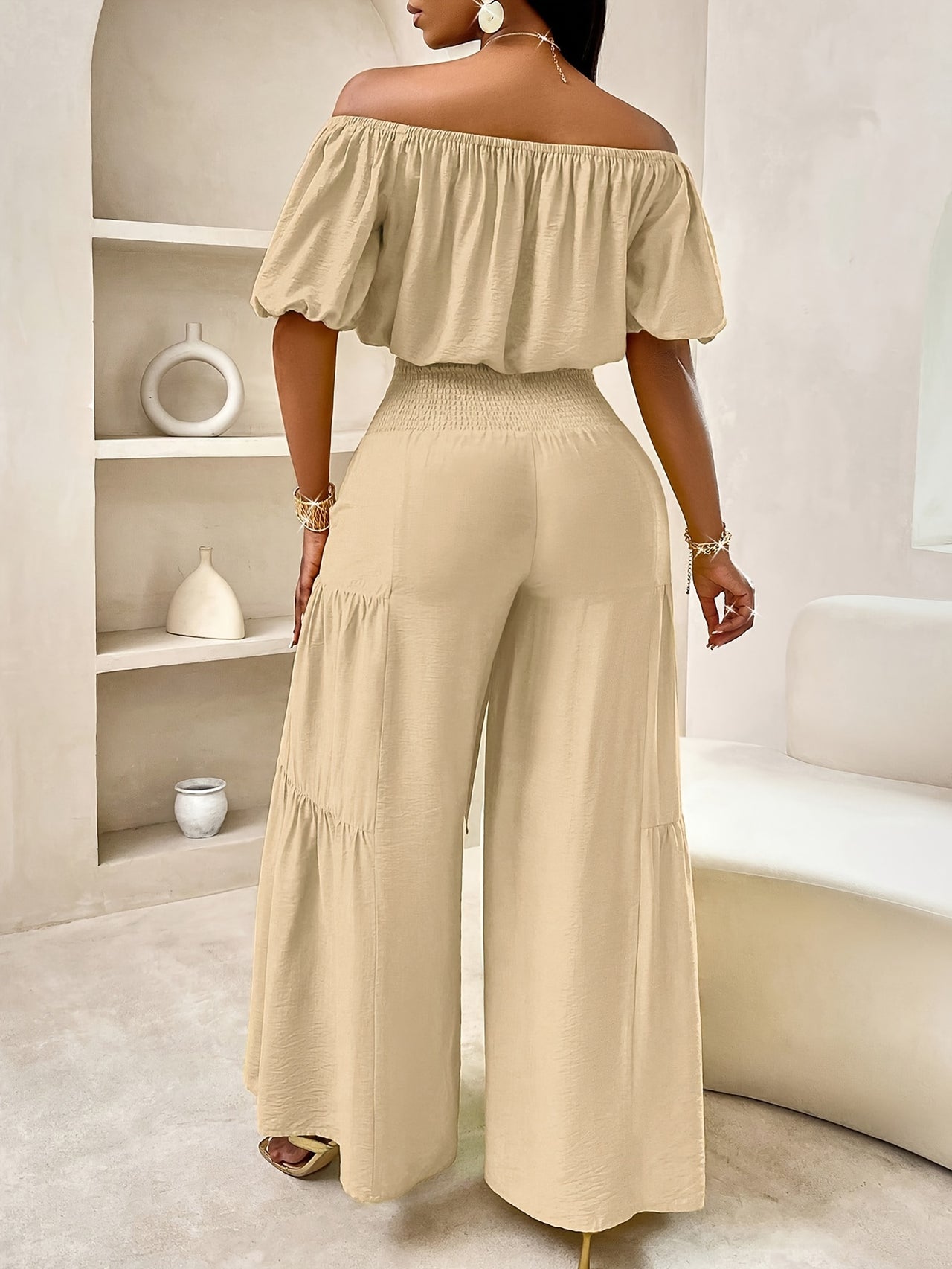 Elegant Off-Shoulder Women's Casual Wide-Leg Pants Set - Polyester, Non-Stretch, Semi-Sheer with Bow Detail