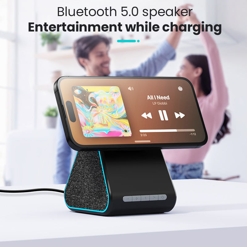 Wireless charger with speaker suitable for Apple phone magnetic wireless charging stand adjustable with Bluetooth speaker