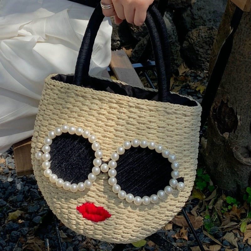 Japanese fashion rattan woven handbag, cute cartoon Japanese style water bucket woven bag