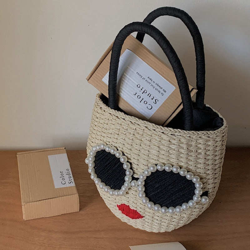 Japanese fashion rattan woven handbag, cute cartoon Japanese style water bucket woven bag