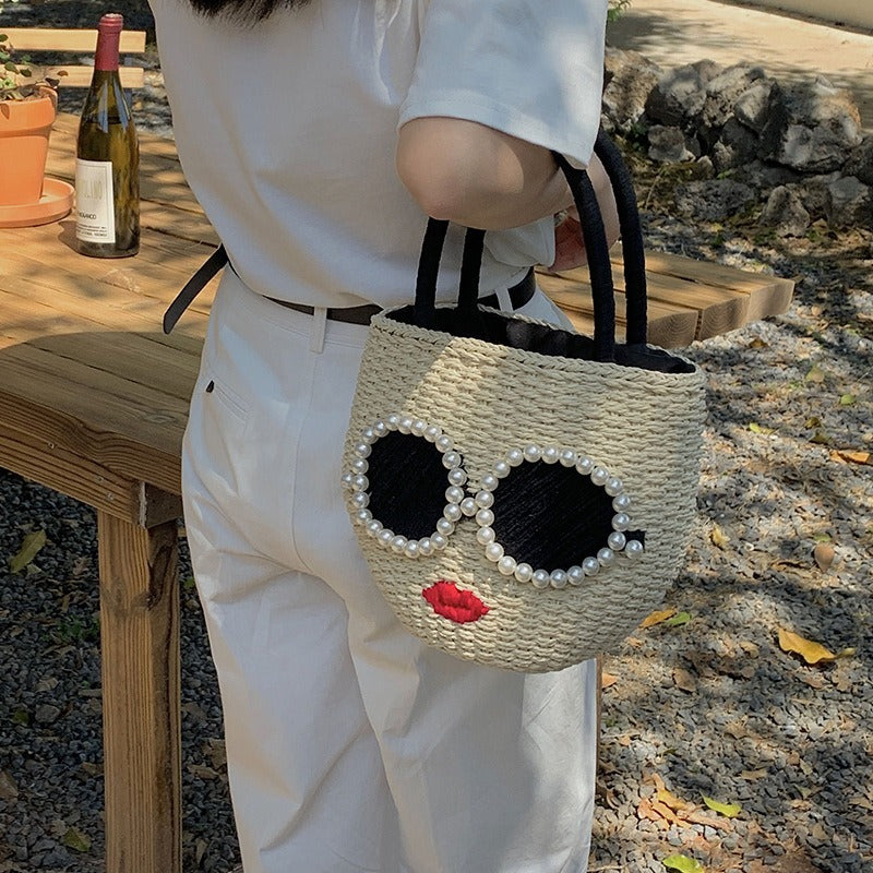 Japanese fashion rattan woven handbag, cute cartoon Japanese style water bucket woven bag