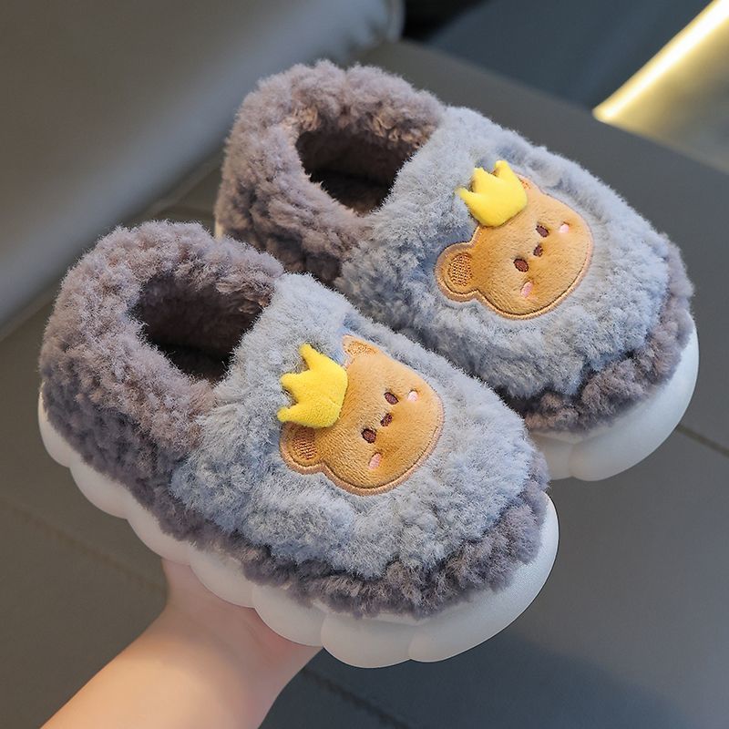 Children's cotton slippers winter heel men's and women's indoor non-slip wool shoes baby cute cartoon home parent-child shoes