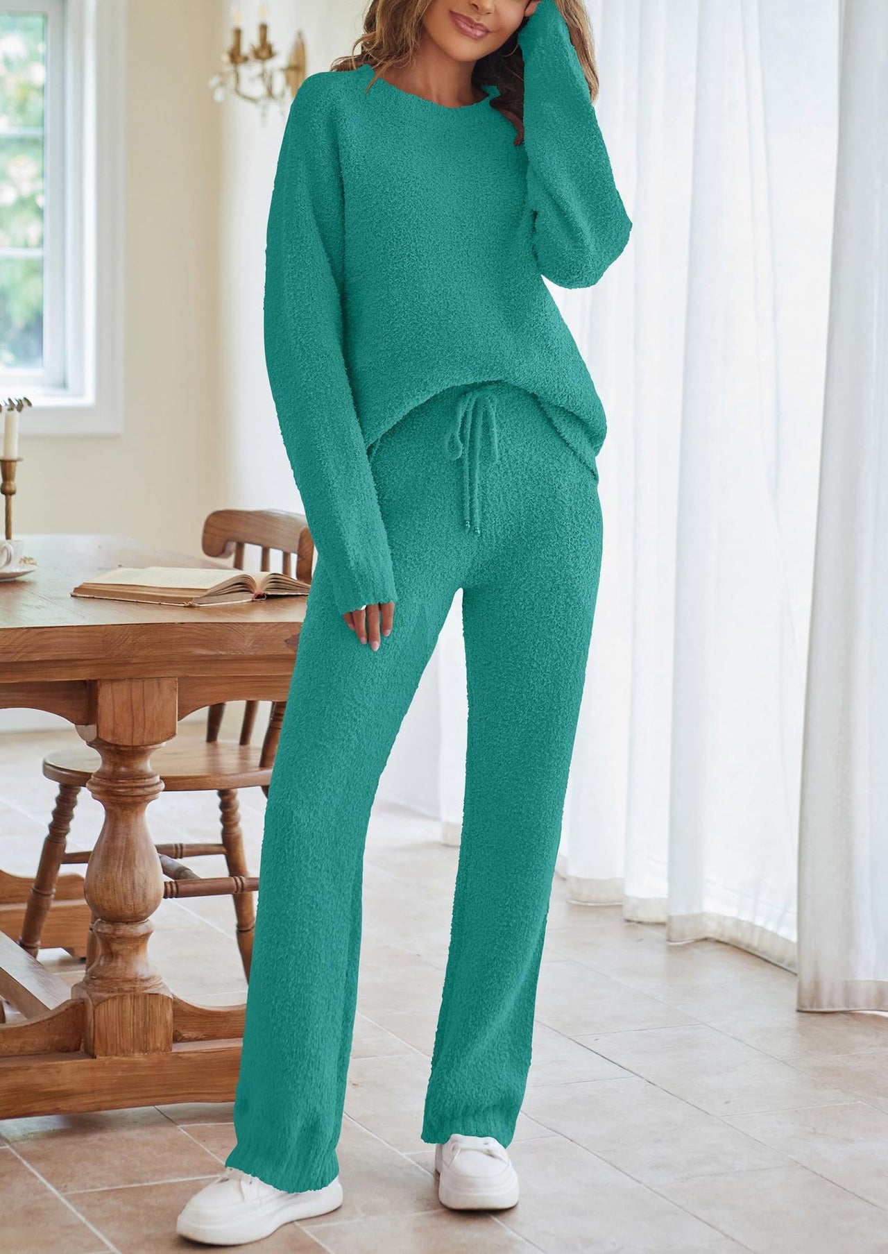 2024 European and American autumn and winter Amazon AliExpress new solid color women's round neck long sleeve pants thick warm suit