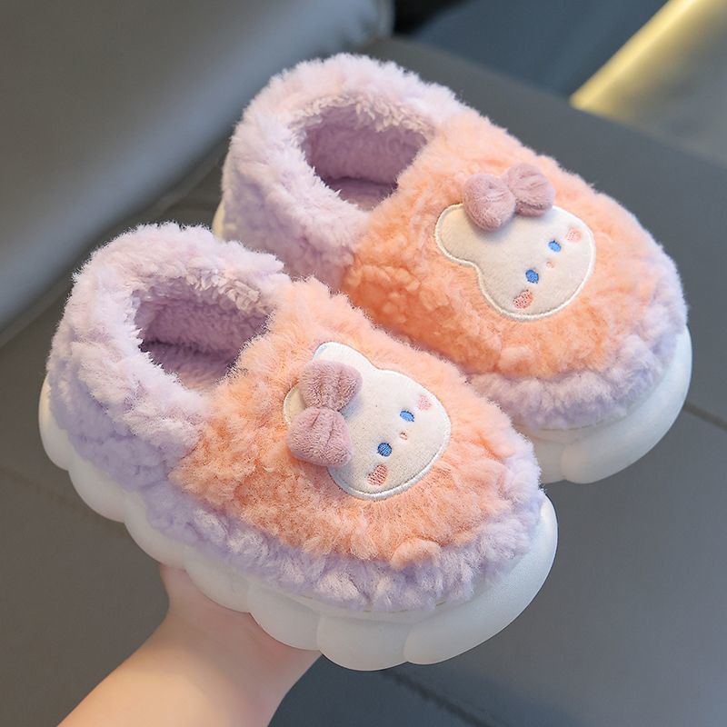 Children's cotton slippers winter heel men's and women's indoor non-slip wool shoes baby cute cartoon home parent-child shoes