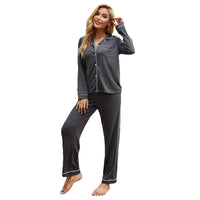 Thumbnail for Amazon cross-border European and American pajamas ladies autumn and winter solid color long-sleeved cardigans and trousers can be worn outside the home clothes independent station