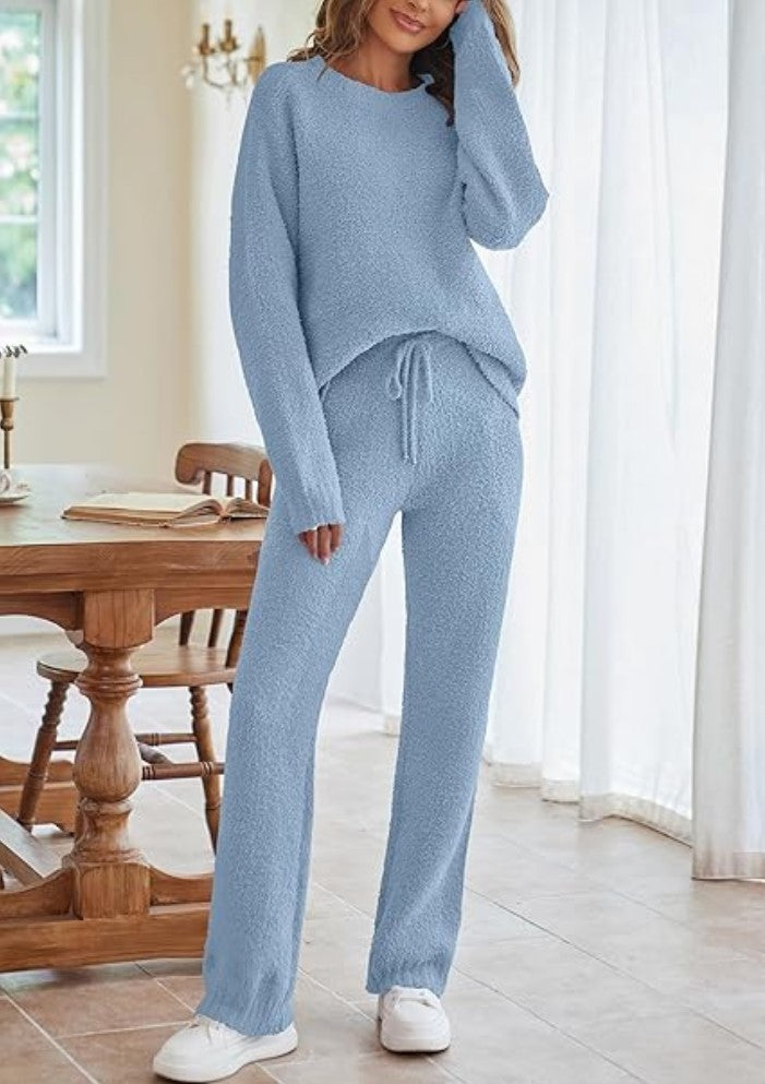 2024 European and American autumn and winter Amazon AliExpress new solid color women's round neck long sleeve pants thick warm suit