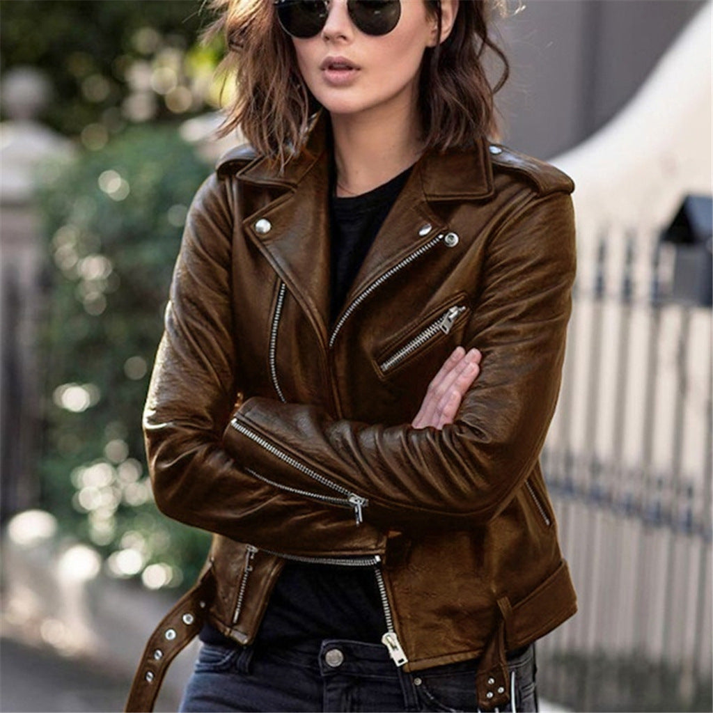 2024 leather jacket spring and autumn new tops cross-border foreign trade short motorcycle girl slim jacket jacket to keep out the cold