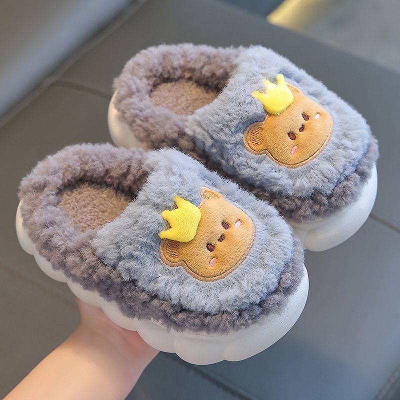 Children's cotton slippers winter heel men's and women's indoor non-slip wool shoes baby cute cartoon home parent-child shoes