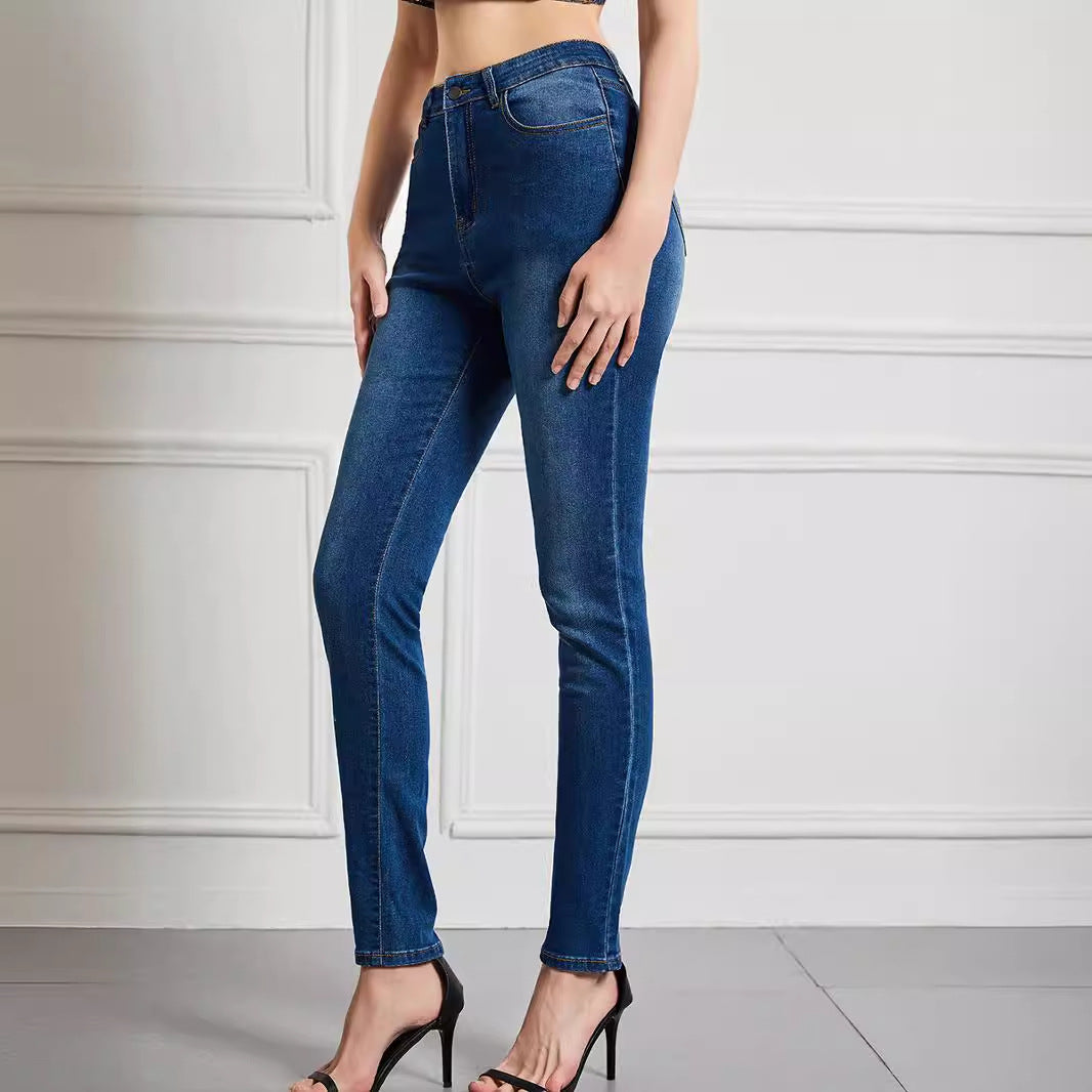 2024 cross-border women's jeans slim high waist high stretch European and American small foot pants plus size women's pants basic