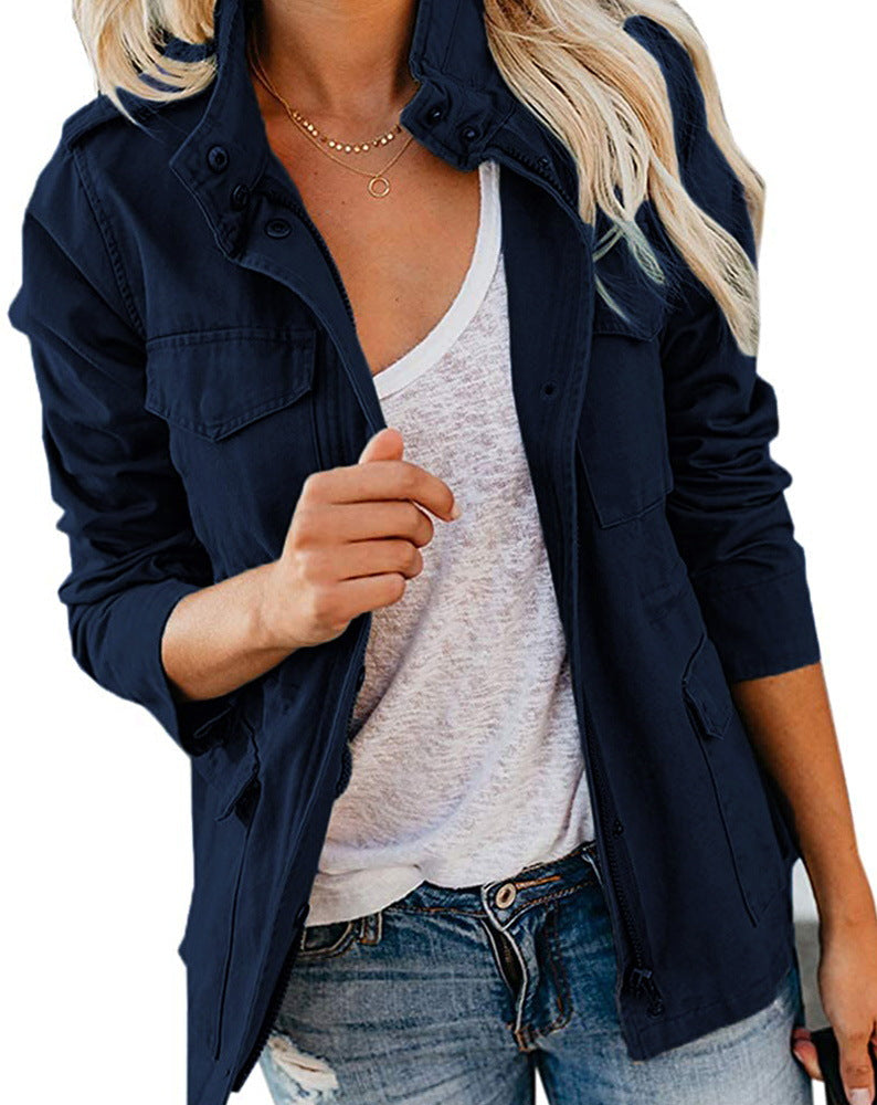 Cross-border European and American new women's fashion loose zipper multi-pocket lapel jacket long sleeve hooded jacket LYY029