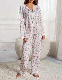 Thumbnail for 2024 European and American women's new pajama suit, long sleeve button shirt, flower fruit print, wide-leg pants, pajamas