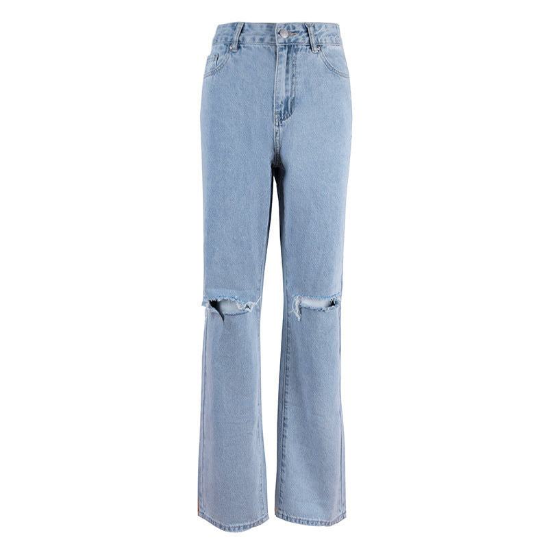 Cross border new high waist straight leg pants wash jeans ins commuter blue trousers cotton denim women's jeans