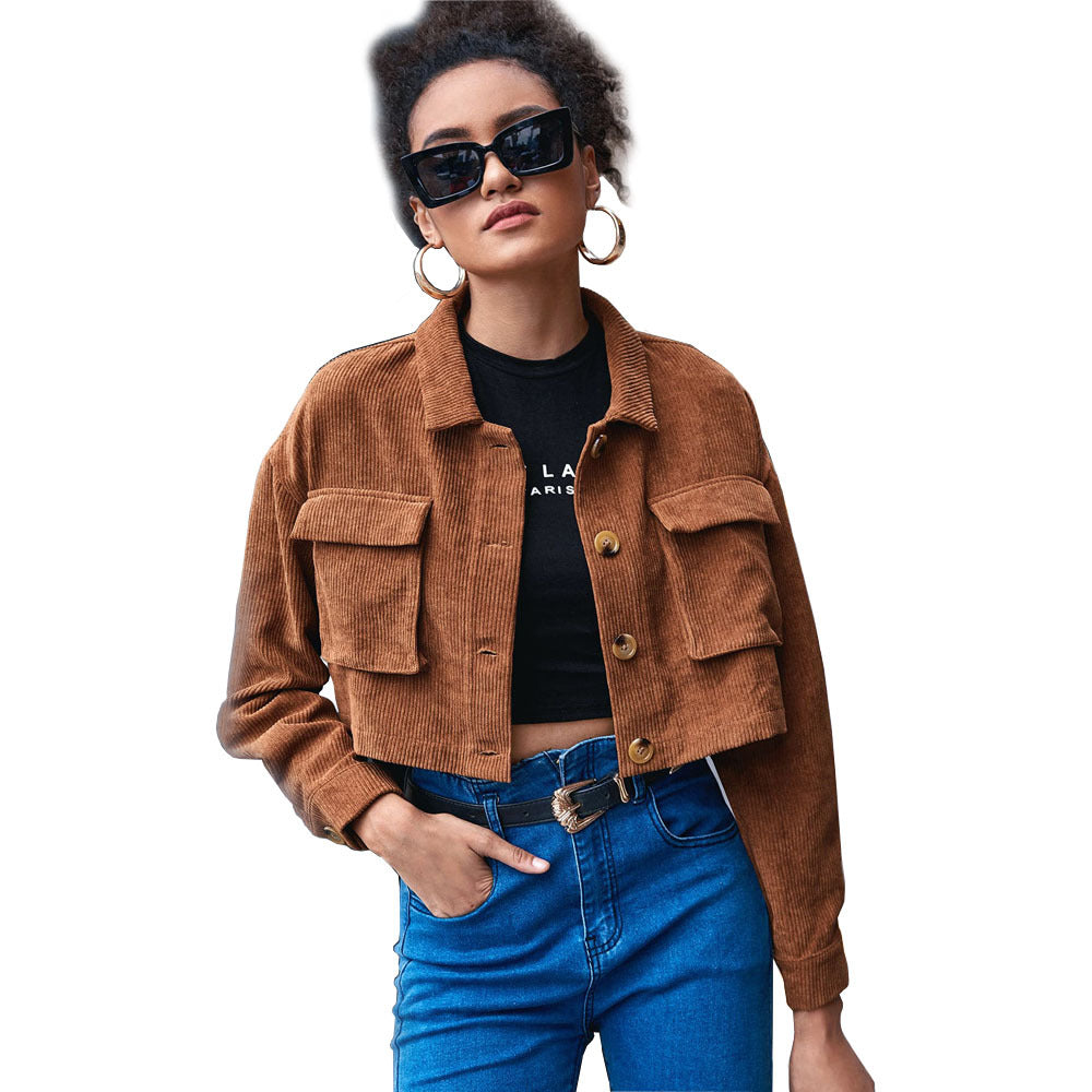 2024 Spring/Summer Cross Border European and American Women's Casual Single-breasted Organ Bag Lapel Corduroy Long Sleeve Jacket