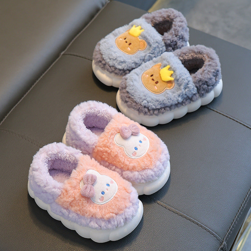 Children's cotton slippers winter heel men's and women's indoor non-slip wool shoes baby cute cartoon home parent-child shoes