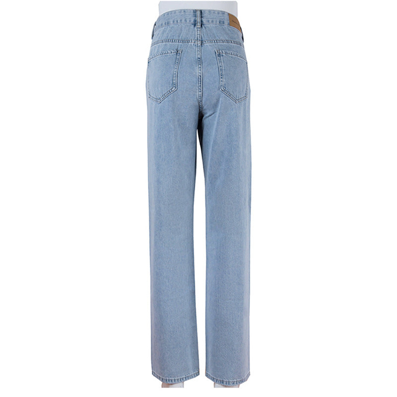 Cross border new high waist straight leg pants wash jeans ins commuter blue trousers cotton denim women's jeans