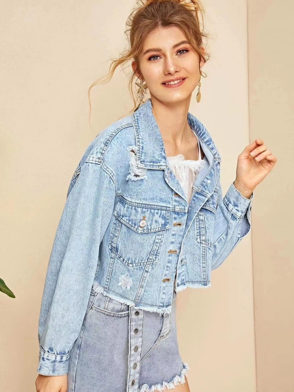 Amazon, Europe and the United States, foreign trade, new women's denim jacket, autumn new fashion, raw edges, ripped denim short jacket