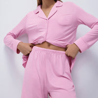 Thumbnail for Europe and the United States Cross Border 2024 Spring Pink Knitted Thin Cotton Pajamas Long Sleeved Straight Shorts Two Piece Loungewear Women