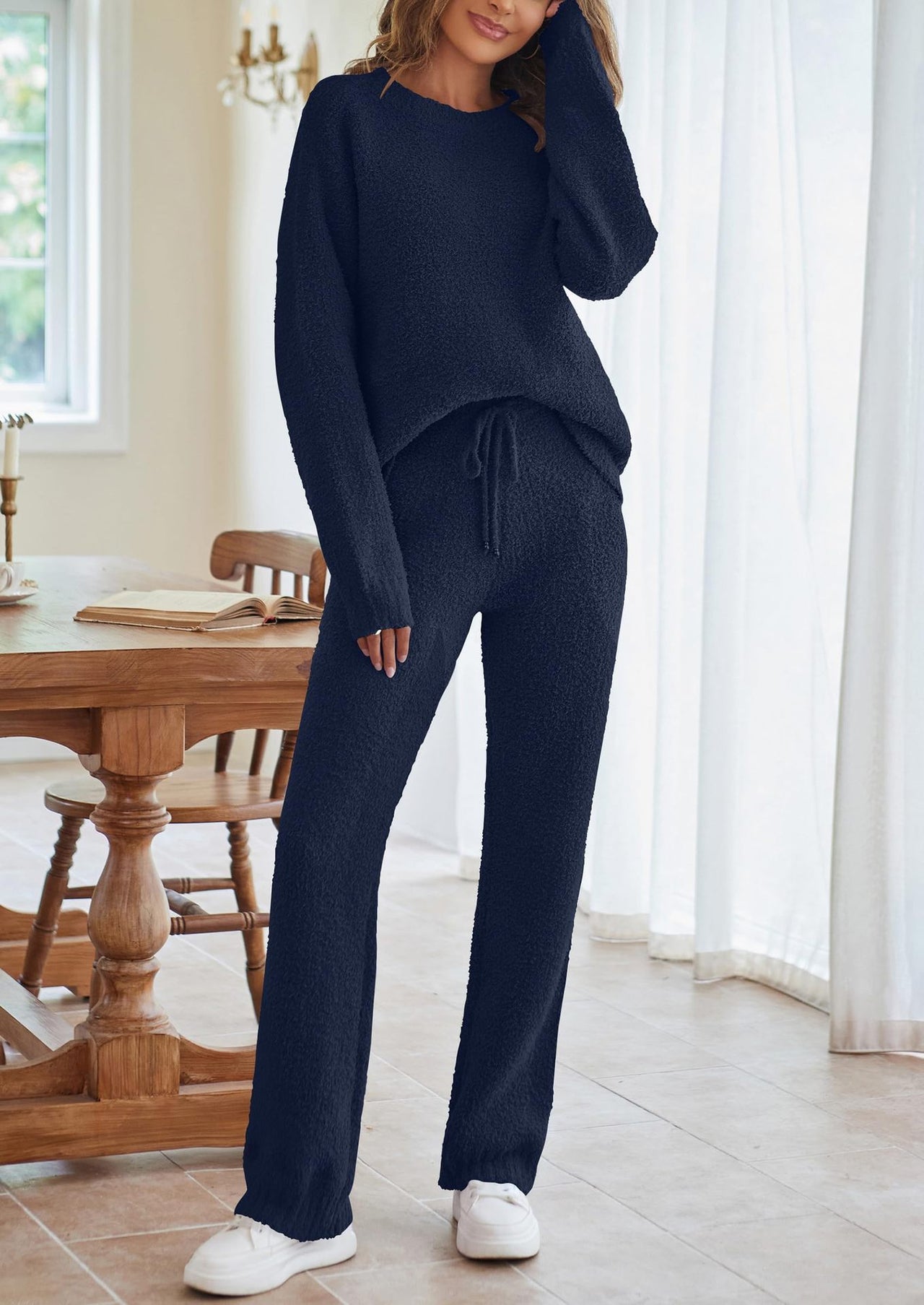 2024 European and American autumn and winter Amazon AliExpress new solid color women's round neck long sleeve pants thick warm suit