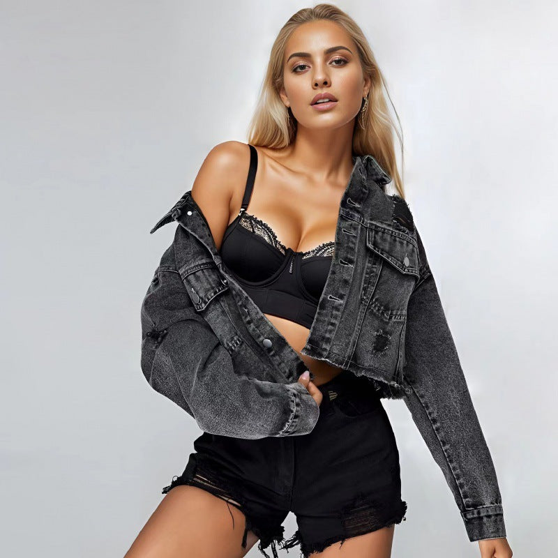 Amazon, Europe and the United States, foreign trade, new women's denim jacket, autumn new fashion, raw edges, ripped denim short jacket