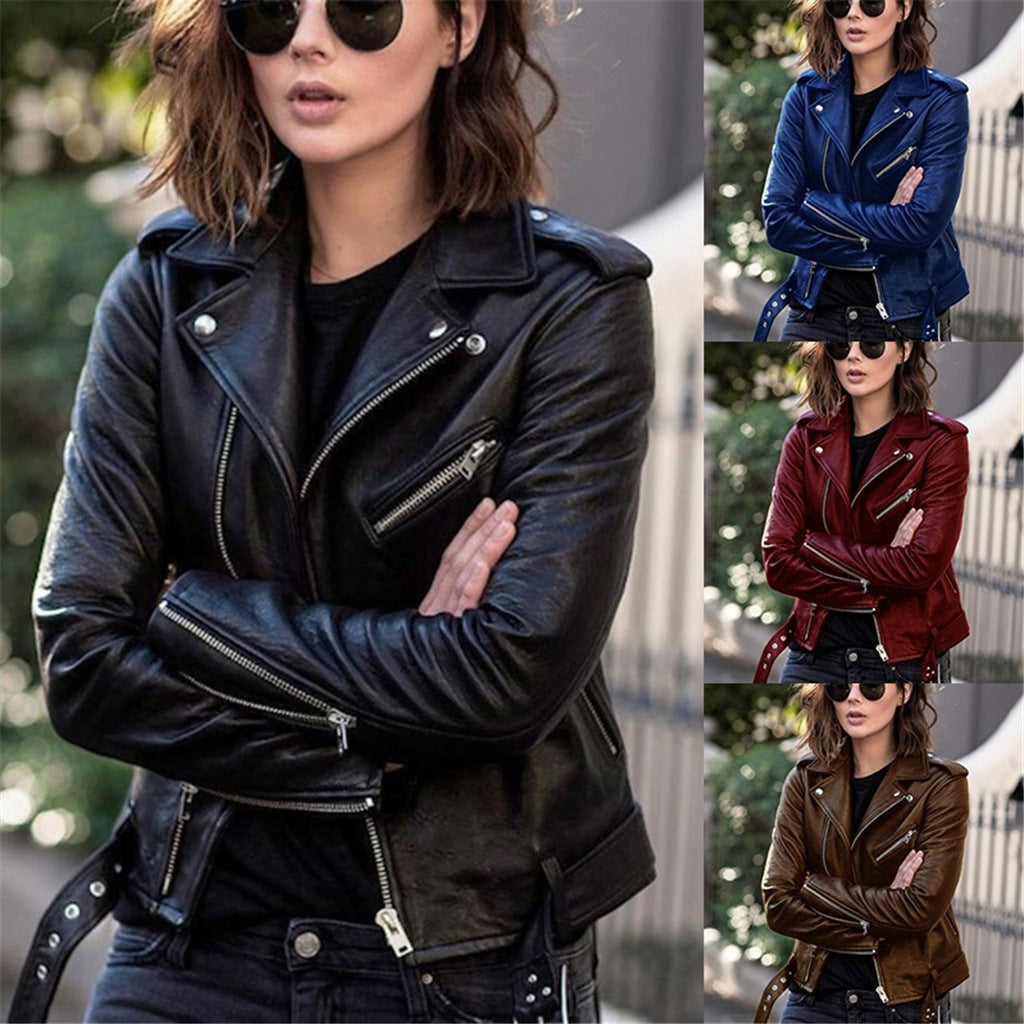 2024 leather jacket spring and autumn new tops cross-border foreign trade short motorcycle girl slim jacket jacket to keep out the cold