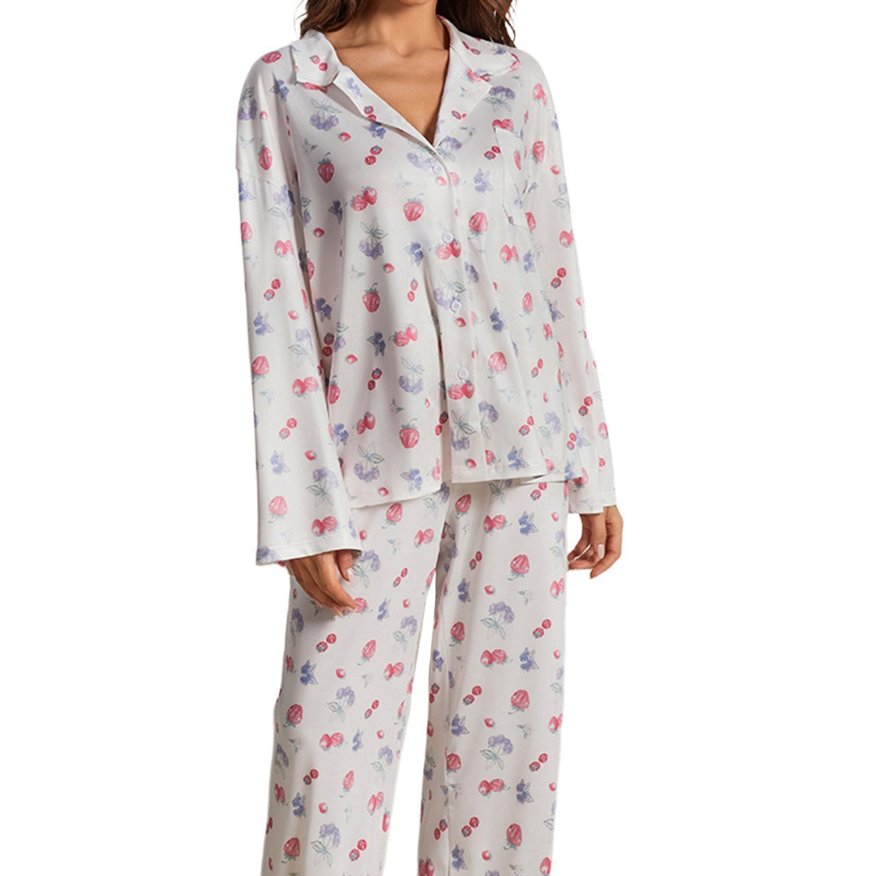 2024 European and American women's new pajama suit, long sleeve button shirt, flower fruit print, wide-leg pants, pajamas