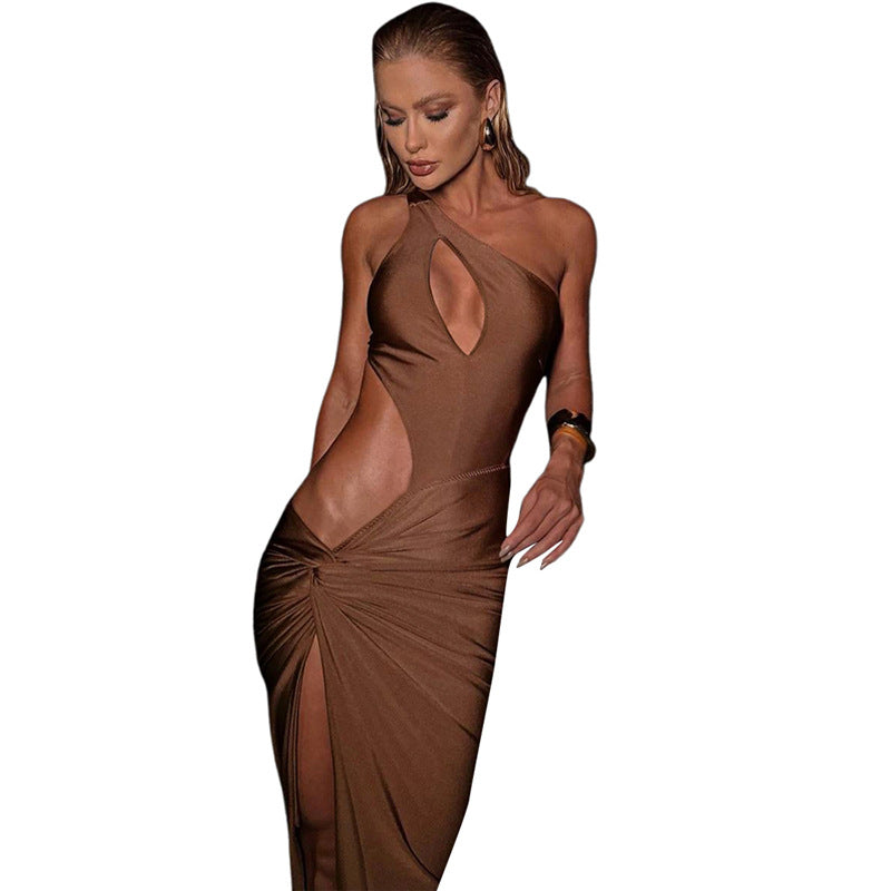 European and American style women's clothing 2024 summer new personality slanted shoulder hollow sexy high slit temperament slim dress women