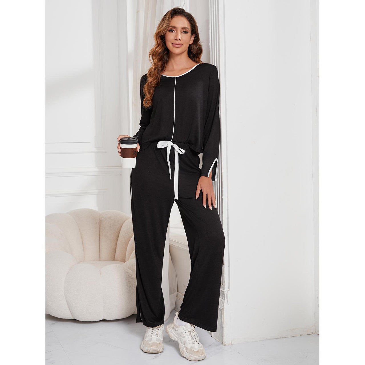 Cross-border European and American women's long-sleeved simple casual two-piece set women's Женская одежда