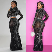 Thumbnail for OS6820 cross-border autumn and winter new products Amazon European and American women's sexy long-sleeved mesh hot diamond two-piece skirt set