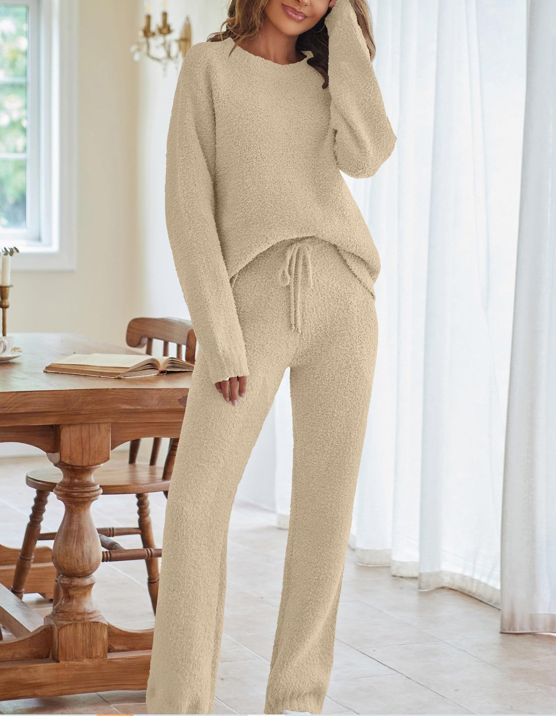 2024 European and American autumn and winter Amazon AliExpress new solid color women's round neck long sleeve pants thick warm suit