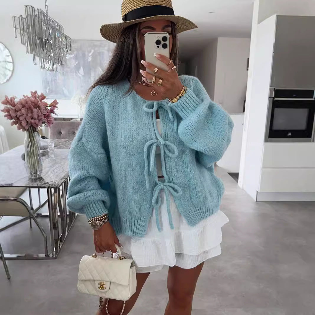 Round neck lace-up knitted cardigan jacket 2024 Europe and the United States cross-border autumn and winter new solid color commuting simple sweater women