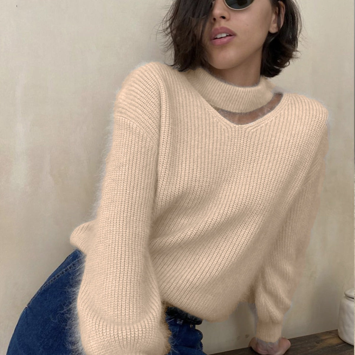 2024 New European and American Style Sexy Thickened Imitation Mink Sweater Women's Cross-border Hot Sale Lazy Style Loose Knitted Women's Top