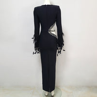 Thumbnail for Cross-border women's clothing IN Internet celebrity anchor long-sleeved mid-length slim diamond feather elastic bandage birthday evening dress