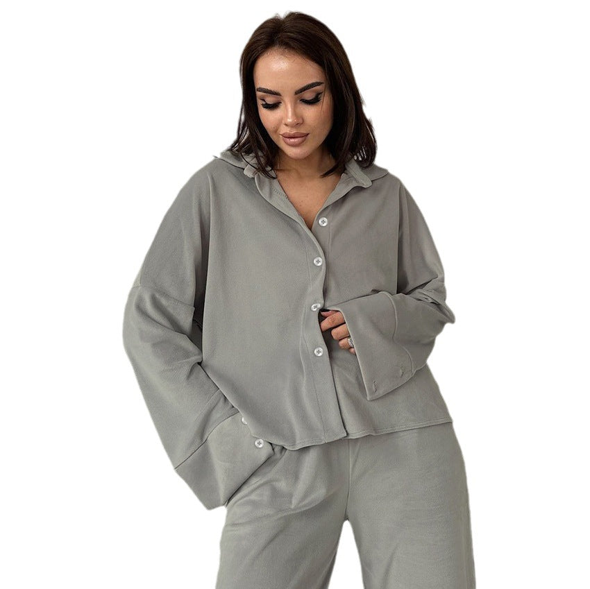 2023 autumn and winter new fashion simple gray velvet long sleeve pants pajamas two-piece set of cross-border loungewear women