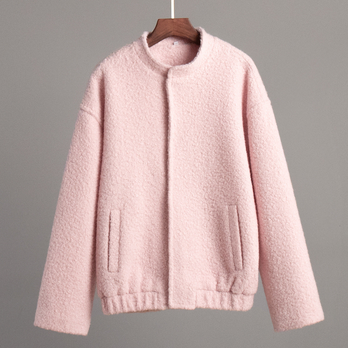 Cross-border pink jacket, European and American 2024 winter new temperament, casual stand-up collar, dropped shoulder sleeves, short fur coat